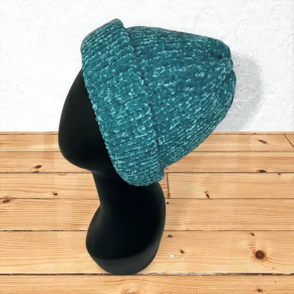 Handmade Super Soft Velvet Knit Beanie Handcrafted Hat Teal - Picture 8 of 11